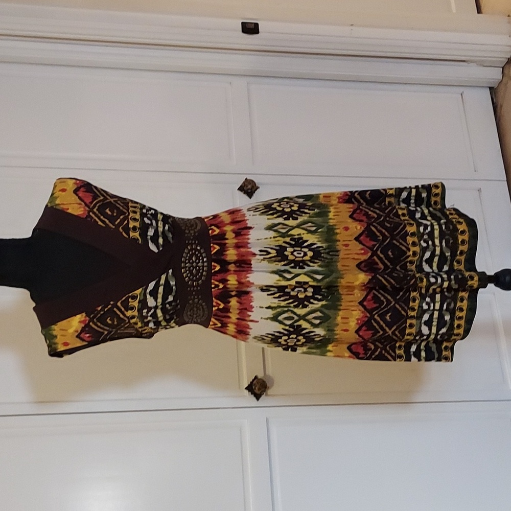 Brown Multicolor Sleeveless Dress Tribal Size M Vintage Boho